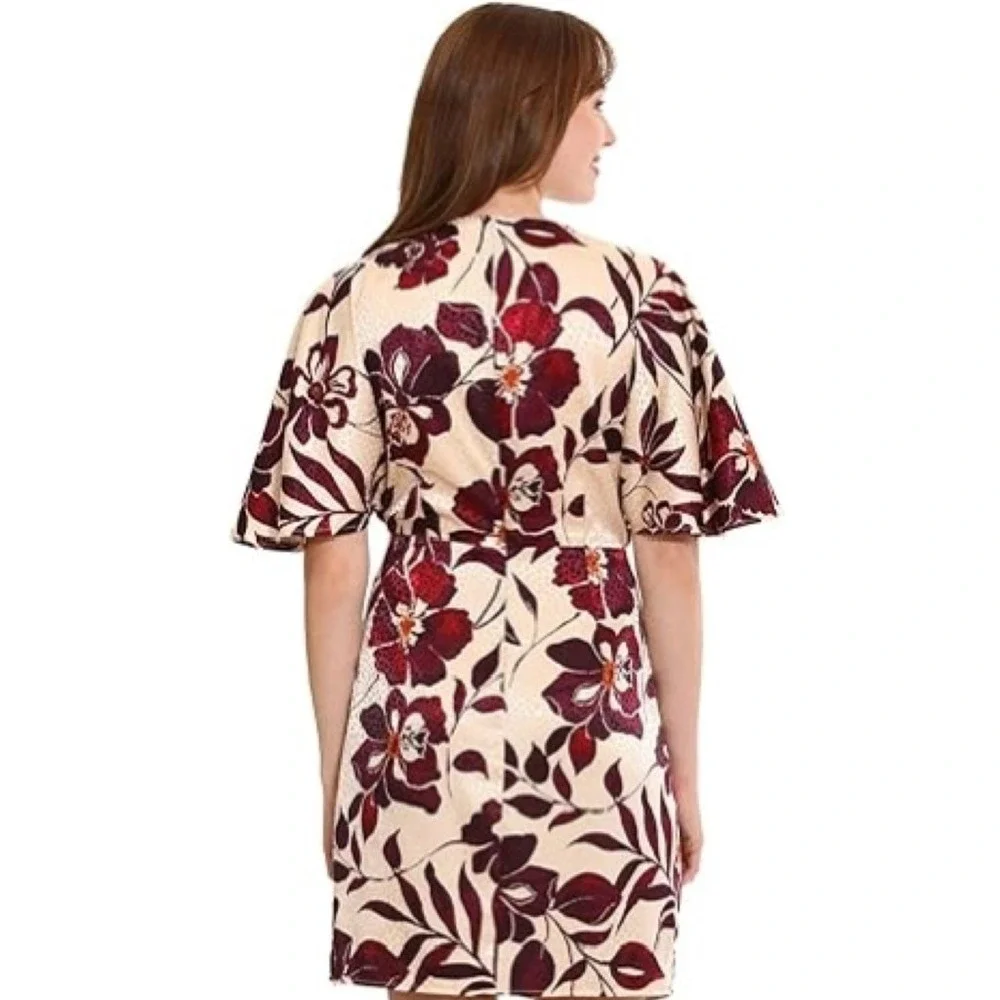 London Times Floral‎ Faux Wrap Dress Cream Burgundy Size 14